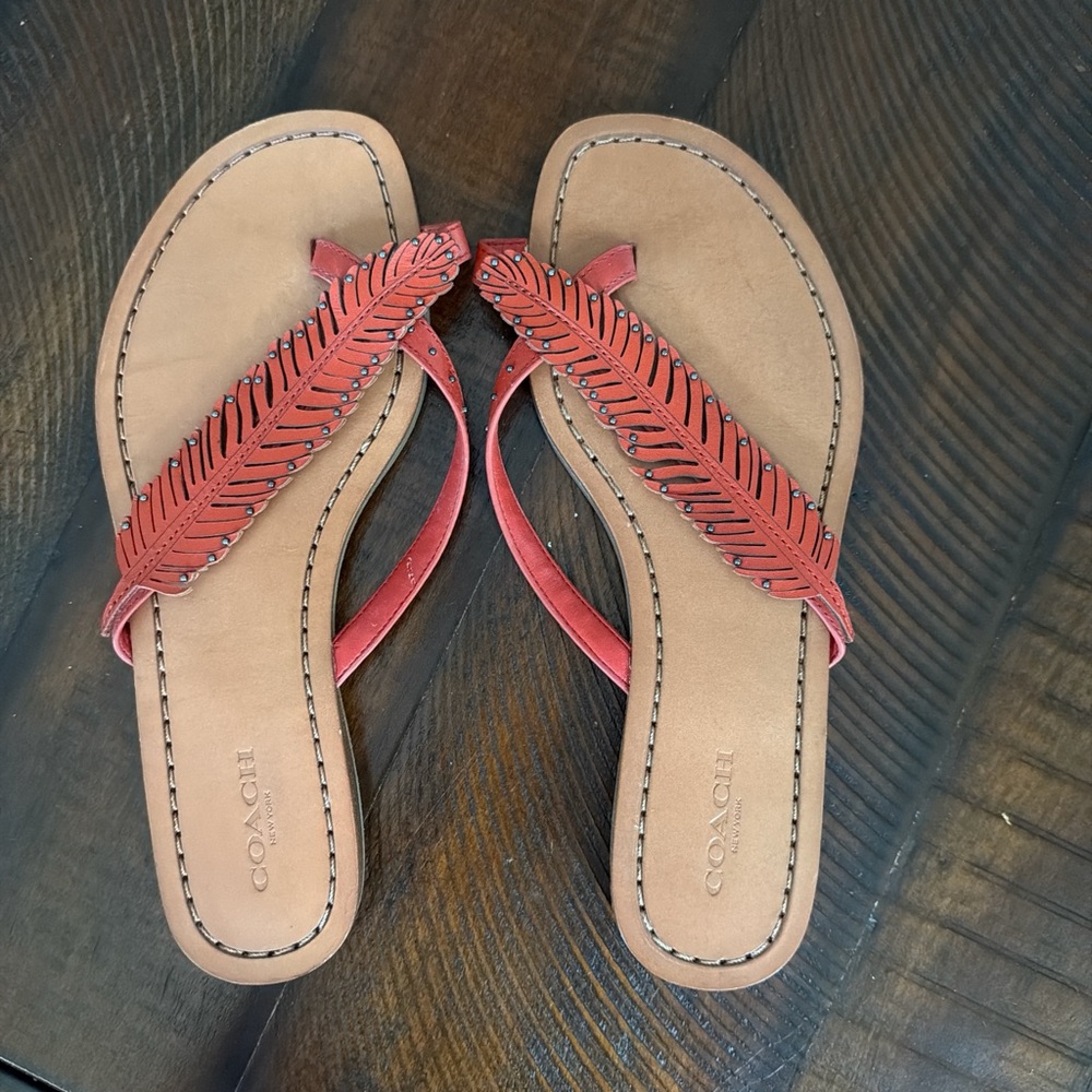 Coach Red and Brown Feather Sandals